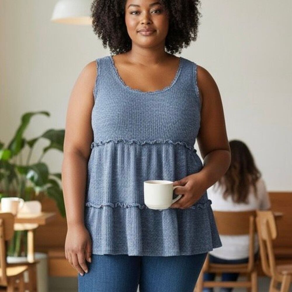 Umgee USA Blue Textured Sleeveless‎ Tiered Tunic Top Size 1XL